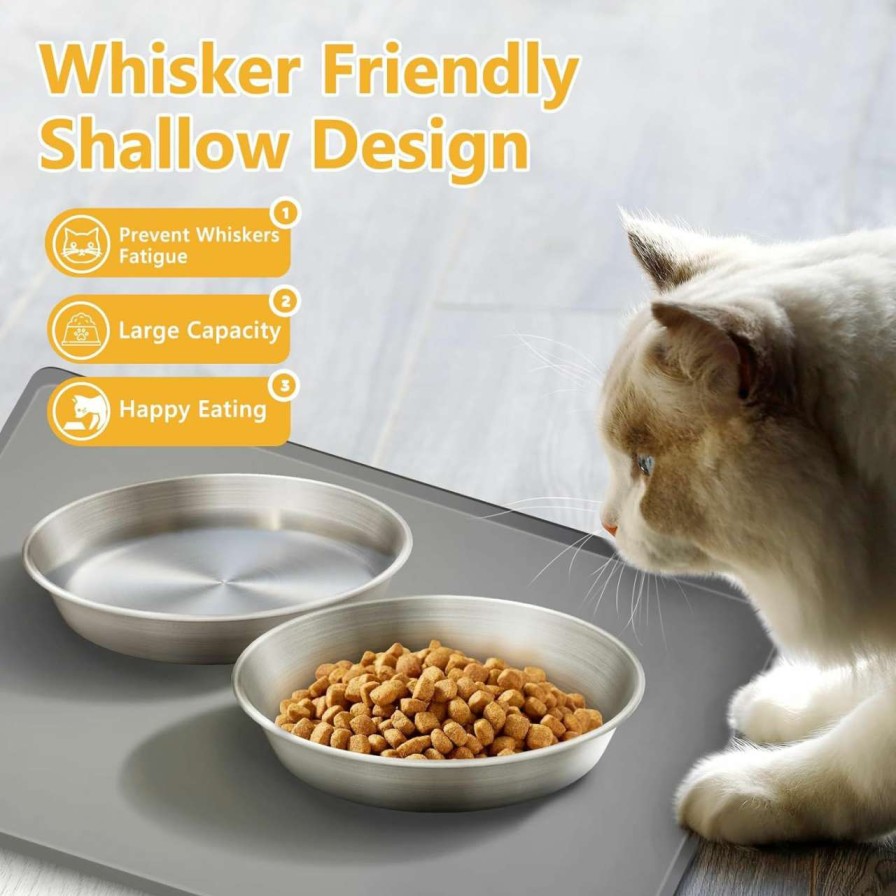 cat food dry Petdream | 6.7'' Wide Whisker Friendly Cat Dishes Set, Sus 304 Stainless Steel Cats Bowls, 2 Pcs Shallow Metal Water Bowl With Non Slip Pads, Indoor Kitten Feeding Wet & Dry Food Dish To Prevent Whisker Fatigue