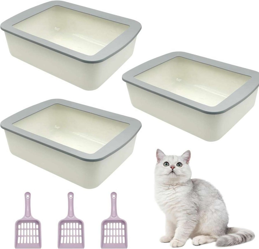 cat litter VCEPJH | Vcepjh 3 Pack Cat Litter Box For Kittens Open Litter Pan Plastic Litter Tray With 3 Scooper Small Cat Toilet For Indoor Pet Kitty Rabbit Hamsters 16.1X12.2X4.7In (Grey)