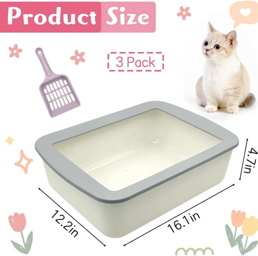 cat litter VCEPJH | Vcepjh 3 Pack Cat Litter Box For Kittens Open Litter Pan Plastic Litter Tray With 3 Scooper Small Cat Toilet For Indoor Pet Kitty Rabbit Hamsters 16.1X12.2X4.7In (Grey)