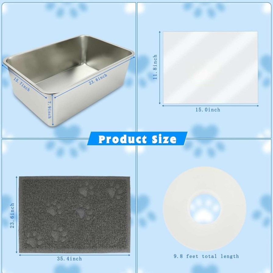 cat litter YUEPET | Yuepet 1 Set Stainless Steel Cat Litter Box With High Sides, Durable Metal Cat Litter Basin Pan Easy To Clean Cat Litter Tray For Odor Control With Cat Litter Scoops Cat Litter Mats 17.5\"X13.6\"X6\"