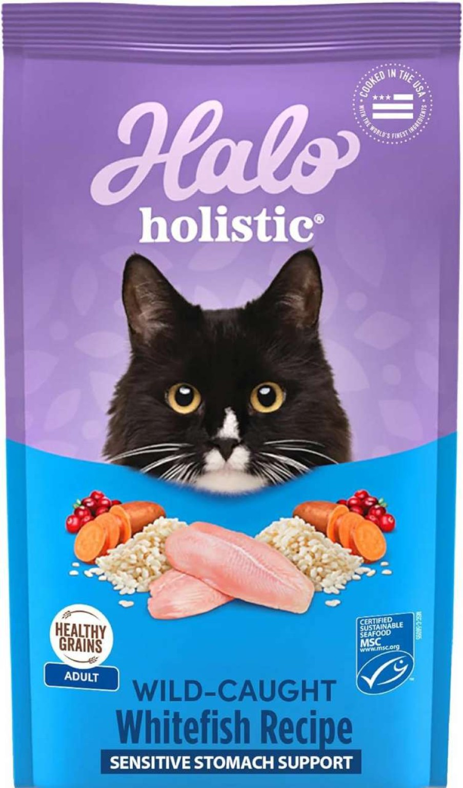 cat food dry Halo | Halo Holistic Cat Food Dry, Wild-Caught Whitefish Recipe For Sensitive Stomach Support, Complete Digestive Health, Dry Cat Food Bag, Sensitive Stomach Formula, 3-Lb Bag