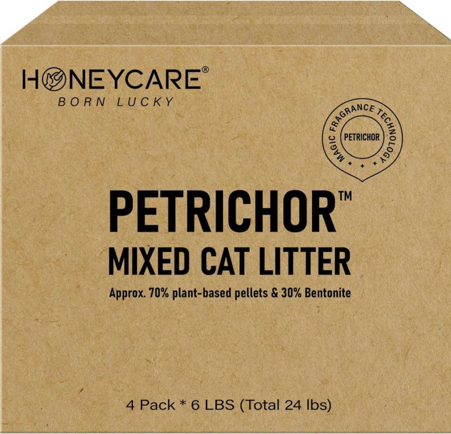 cat litter HONEY CARE | Honey Care Petrichor Mix Cat Litter I Tofu Cat Litter I Nature Plant-Based Pellets And Bentonite Sustainable Cat Litter I Low-Dust Qucik Clumping Superior Odor Control, 24-Lbs Value Pack (6 Lbs X 4)