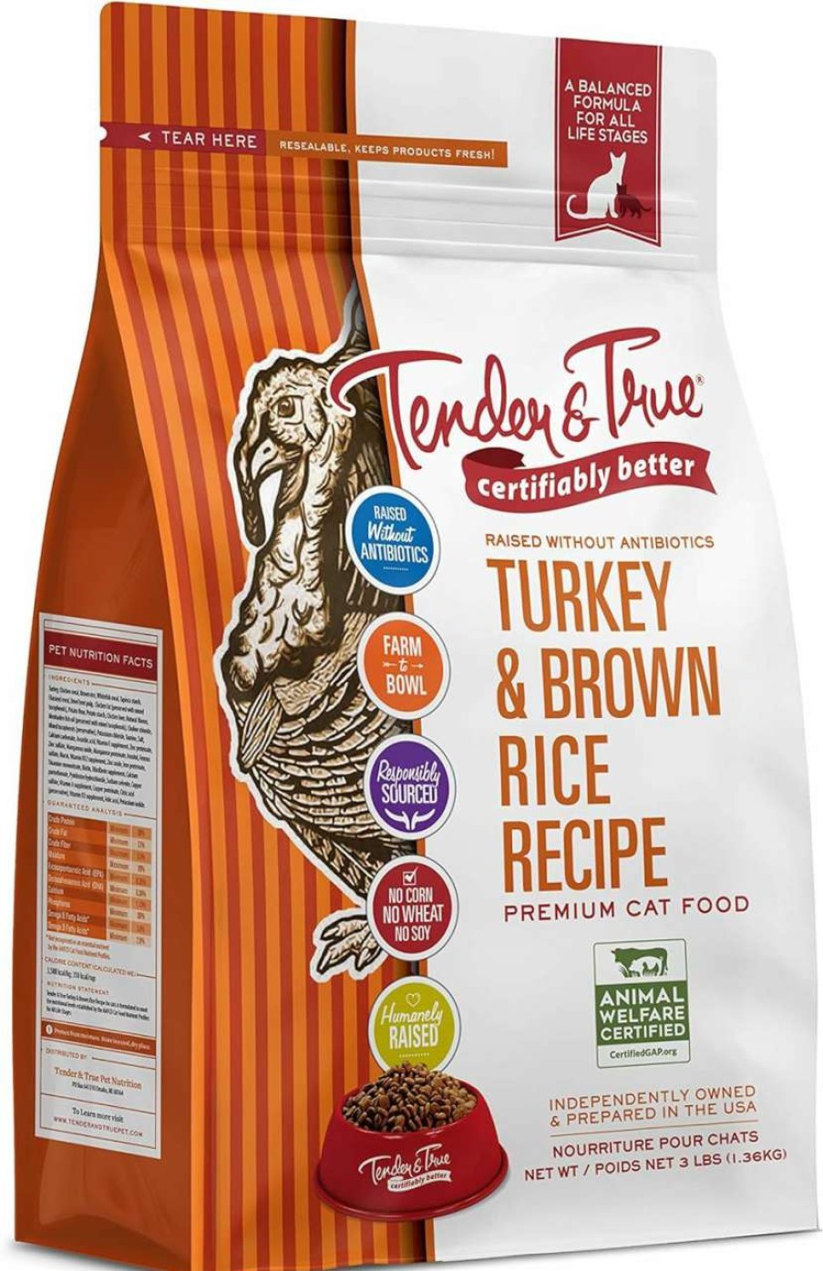 cat food Tender & True | Tender & True Antibiotic-Free Turkey & Brown Rice Recipe Cat Food, 3 Pound(Pack Of 1)