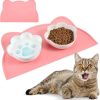 cat food FoldTier | Foldtier Set Of 3 Silicone Pet Feeding Mat For Floor And Ceramic Cat Bowls Set, Water Bowl Tray 2 Pcs Kawaii Cat Plate, Waterproof Non Skid Cat Food Tray Paw Shaped Cute Dishes Easy To Clean Placemat