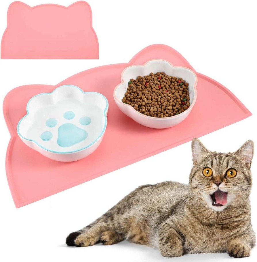 cat food FoldTier | Foldtier Set Of 3 Silicone Pet Feeding Mat For Floor And Ceramic Cat Bowls Set, Water Bowl Tray 2 Pcs Kawaii Cat Plate, Waterproof Non Skid Cat Food Tray Paw Shaped Cute Dishes Easy To Clean Placemat