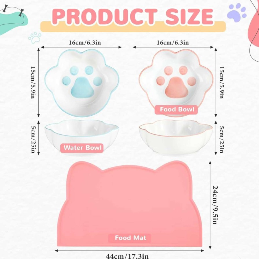 cat food FoldTier | Foldtier Set Of 3 Silicone Pet Feeding Mat For Floor And Ceramic Cat Bowls Set, Water Bowl Tray 2 Pcs Kawaii Cat Plate, Waterproof Non Skid Cat Food Tray Paw Shaped Cute Dishes Easy To Clean Placemat