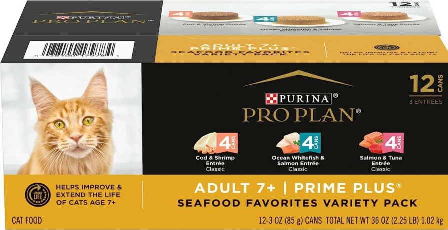 cat food Purina Pro Plan | Purina Pro Plan Grain Free Senior Wet Cat Food Variety Pack Pate, Senior Seafood Favorites - (2 Packs Of 12) 3 Oz. Cans