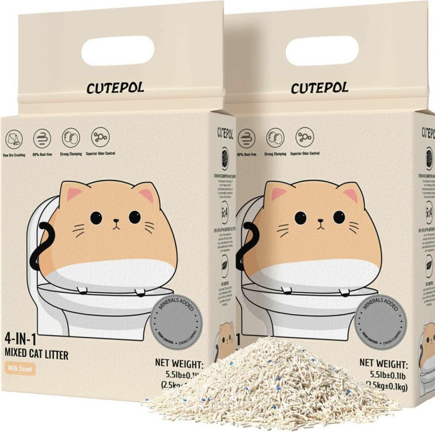 cat litter CUTEPOL | Cutepol 4-In-1 Mixed Tofu Cat Litter With Bentonite, Odor Control And Rapid Clumping, Dust-Free And Low Tracking, Max Water Absorbent And Fast Drying, Water Flushable, Jasmine Scent, 33Lb(5.5Lb/Pack)