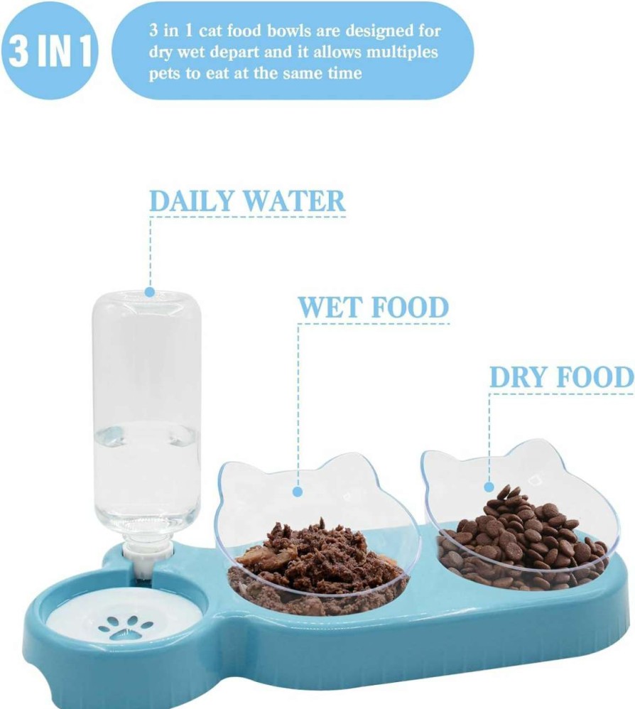 cat food wet Y-ANNJYA | Triple Cat Bowls,15 Tilt 3-In-1 Water Feeder Bowls Cat Double Food Bowls With Automatic Water Bottle Bowl, Whisker Friendly Wet And Dry Cat Elevated Feeding Dishes For Small Cat And Puppy (Mint Green)