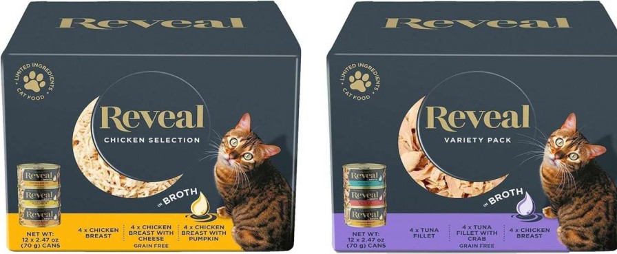 cat food REVEAL LIMITED INGREDIENTS APPROVED BY CATS | Reveal Natural Wet Cat Food, 12 Pack Bundle, Limited Ingredient Canned, Grain Free, Chicken Variety & Broth Variety, 24 X 2.47Oz Cans