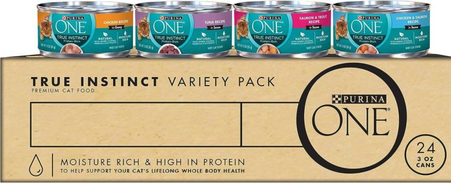 cat food Purina ONE | Purina One Natural, High Protein Wet Cat Food Variety Pack, True Instinct Tuna, Chicken & Salmon Recipes - (24) 3 Oz. Cans