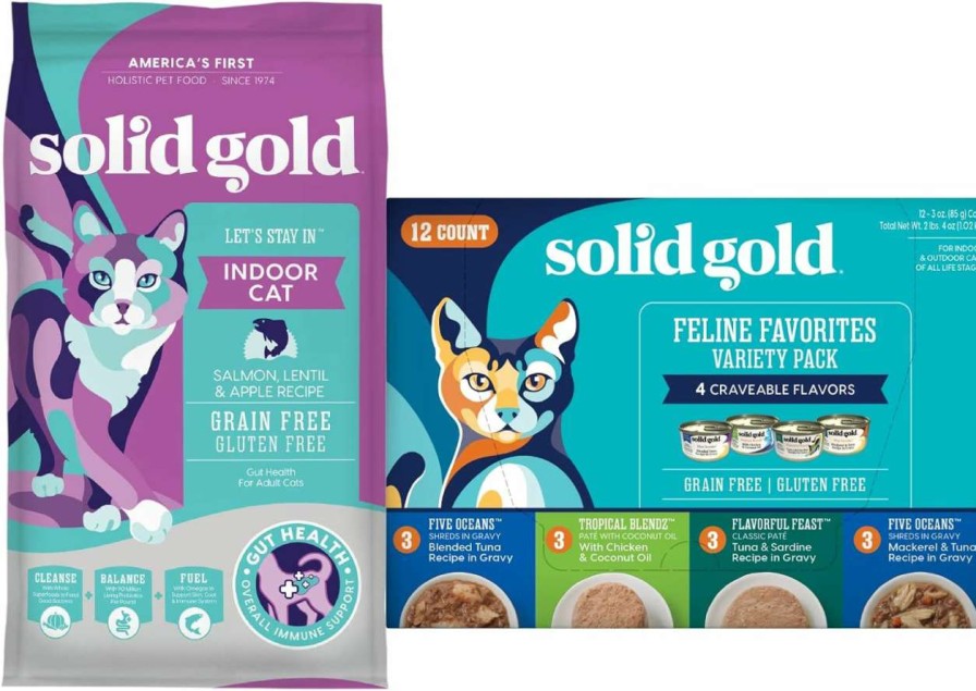 cat food Solid Gold | Solid Gold Let'S Stay In - Dry Cat Food For Indoor Cats - Hairball & Sensitive Stomach Support - Salmon 3Lb - Wet Cat Food Variety Pack - Wet Cat Food Pate & Shreds In Gravy Recipes - 12 Packi