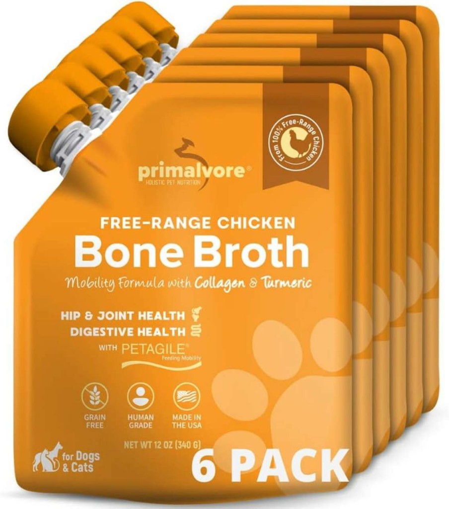 cat food wet Primalvore | Primalvore Free-Range Bone Broth For Dogs &Cats, Mobility Formula W/Collagen Peptides To Help Support Hip & Joints, Digestion, Skin & Coat And Hydration, Human Grade, Made In Usa. Chicken 6 Pack