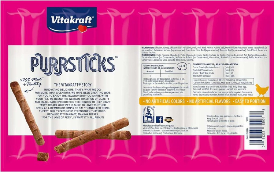 cat food dry Vitakraft | Vitakraft Purrsticks Meaty Cat Sticks - Chicken - Segmented And Breakable Meatstick - Deliciously Tender - Multi Pack Of 4