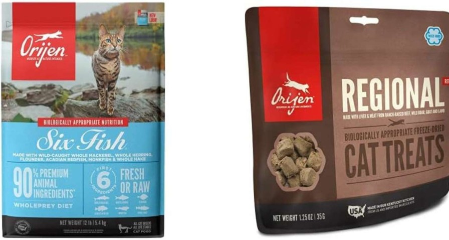 cat food dry ORIJEN | Orijen Dry Cat Food, Grain Free, Premium, High Protein, Fresh & Raw Animal Ingredients, Six Fish, 12Lb Freeze Dried Cat Treats, Regional Red, 1.25Oz