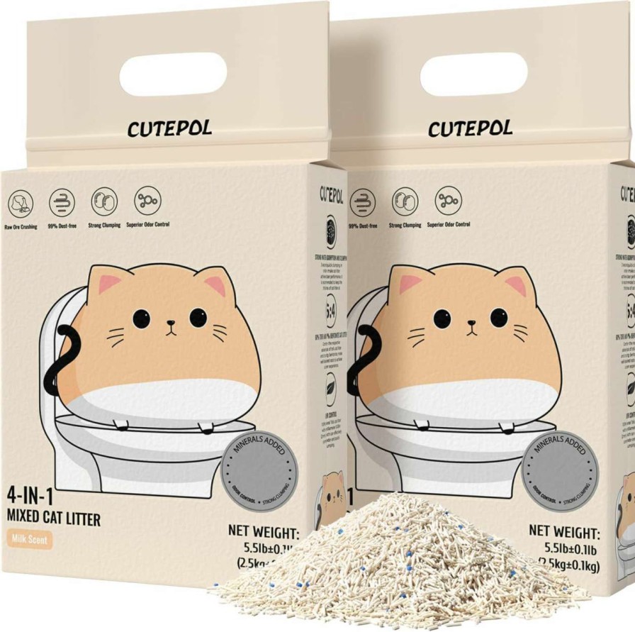 cat litter CUTEPOL | Cutepol 4-In-1 Mixed Tofu Cat Litter With Bentonite, Odor Control And Rapid Clumping, Dust-Free And Low Tracking, Max Water Absorbent And Fast Drying, Water Flushable, Milk Scent, 33Lb(5.5Lb/Pack)