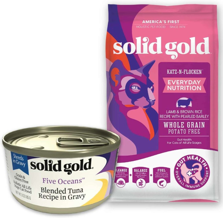 cat food Solid Gold | Solid Gold Katz N Flocken - Dry Cat Food With Lamb, Rice & Pearled Barley - Digestive Probiotics For Cats - Shreds In Gravy - Canned Wet Cat Food - Grain & Gluten Free Shreds With Gravy