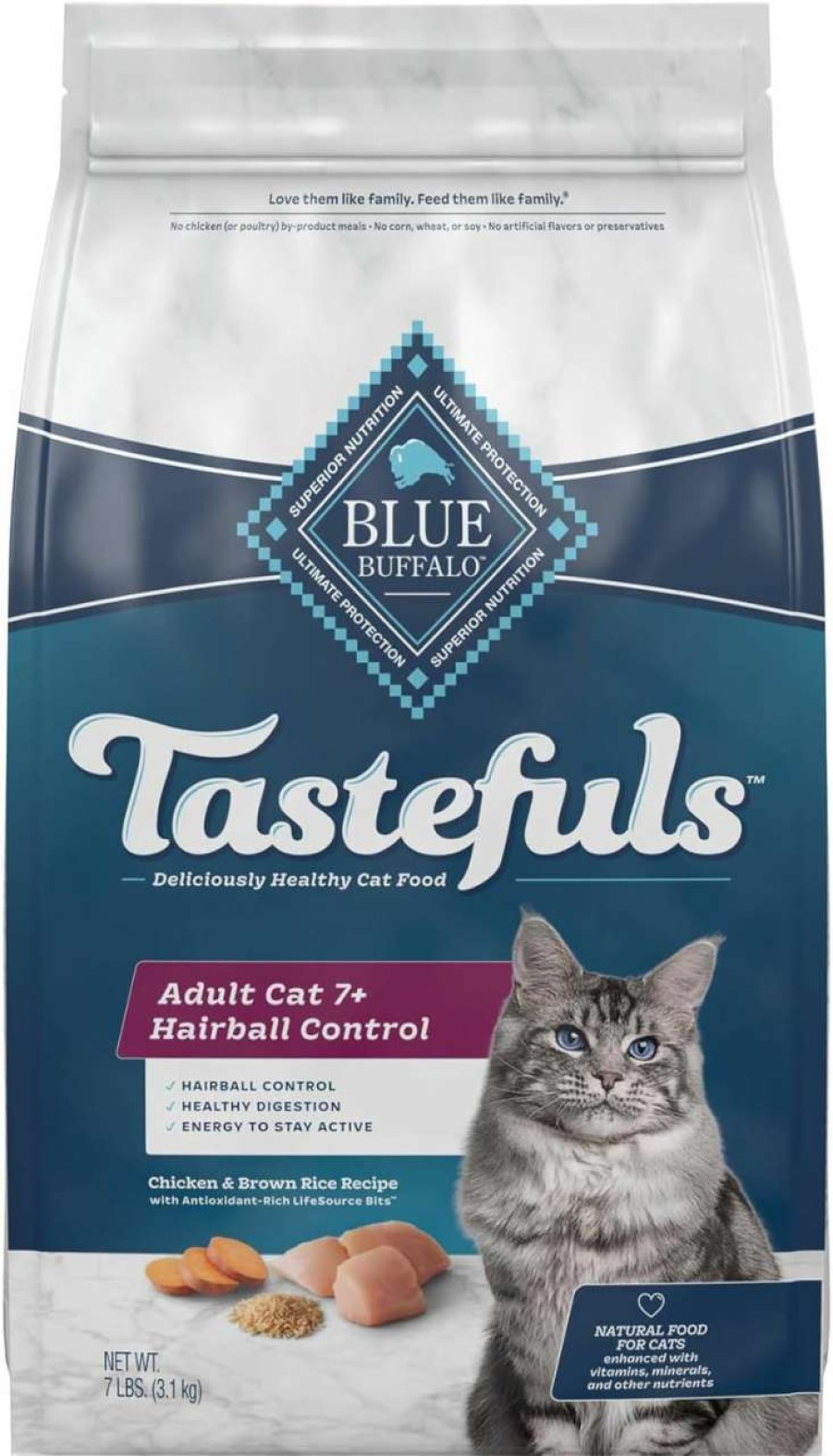 cat food Blue Buffalo | Blue Buffalo Tastefuls Hairball Control Natural Adult 7+ Dry Cat Food, Chicken, 7Lb Bag