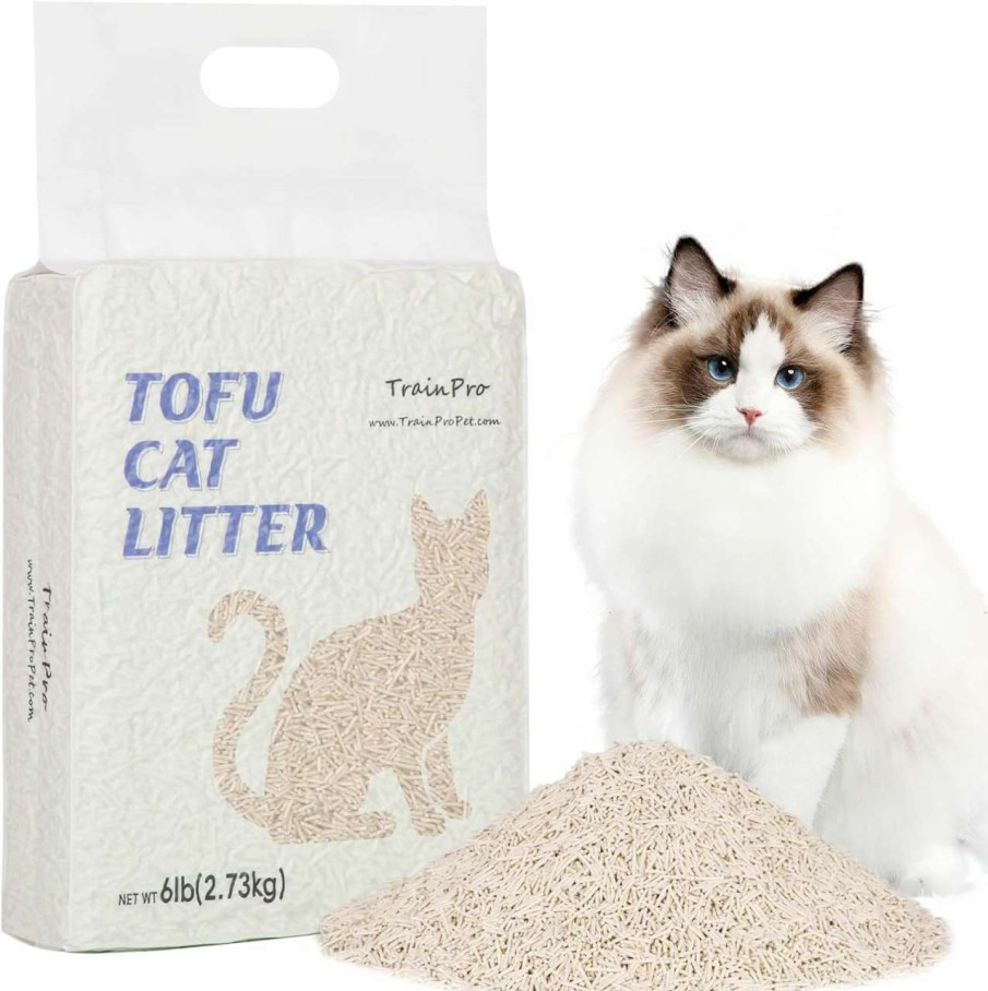 cat litter TrainPro | Premium Clumping Tofu Cat Litter Dust-Free Kitty Litter Cat Odor Control Easy Cleaning Low Tracking All Natural Cat Litter Flushable Kitty Litter Original Flavor Litter 6 Lbs (Original)