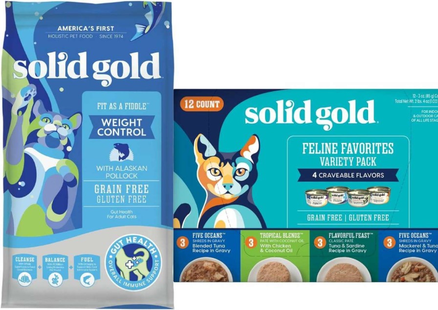 cat food Solid Gold | Solid Gold Fit As A Fiddle Weight Management Cat Food - Low Calorie Dry Cat Food Recipe With Alaskan Pollock - 6Lb - Wet Cat Food Variety Pack - Wet Cat Food Pate & Shreds In Gravy Recipes - 12 Pack