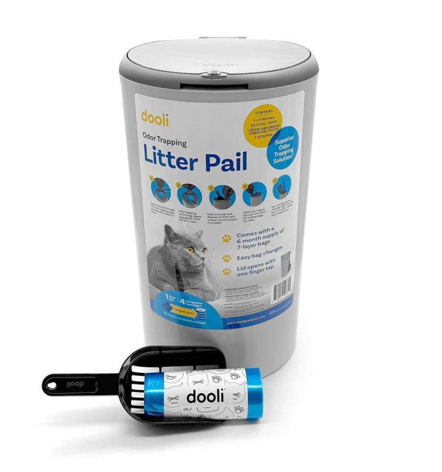 cat litter dooli | Dooli Odor Trapping Litter Pail Odorless Cat Litter Pail With Lid & 6 Month Supply Of Refill Bags And Scooper One-Finger Tap Lid Opening