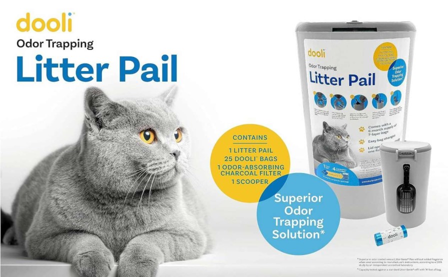 cat litter dooli | Dooli Odor Trapping Litter Pail Odorless Cat Litter Pail With Lid & 6 Month Supply Of Refill Bags And Scooper One-Finger Tap Lid Opening