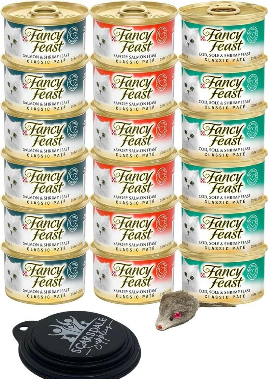 cat food Scarsdale Supplies | Fancy Feast Classic Pate Gourmet Cat Food Variety Pack Include 1 Mouse Toy, 6 Salmon & Shrimp Feast, 6 Savory Salmon Feast, And 6 Cod, Sole & Shrimp Feast 3 Oz (Pack Of 18)