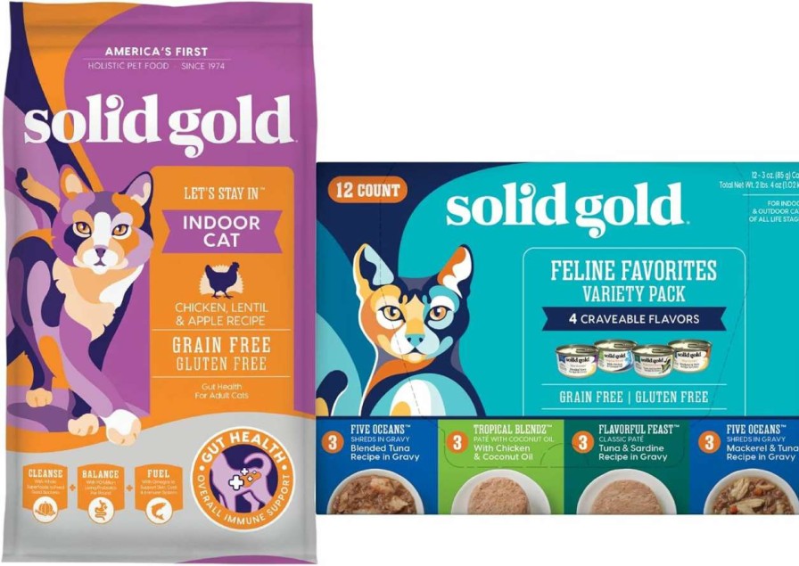 cat food Solid Gold | Solid Gold Let'S Stay In - Dry Cat Food For Indoor Cats - Hairball & Sensitive Stomach Support - Chicken 6Lb - Wet Cat Food Variety Pack - Wet Cat Food Pate & Shreds In Gravy Recipes - 12 Pack