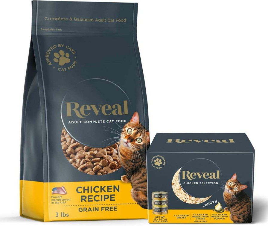 cat food REVEAL LIMITED INGREDIENTS APPROVED BY CATS | Reveal Natural Cat Food, Complete And Balanced Meal, Bundle Of Wet And Dry Limited Ingredient Food For Cats, 12 X 2.47Oz Chicken Variety In Broth And 3 X 3Lb Chicken Recipe Dry Cat Food