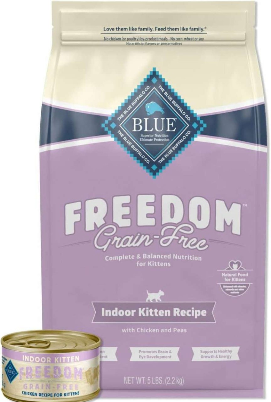 cat food Blue Buffalo | Blue Buffalo Freedom Natural Grain Free Cat Food Indoor Kitten Food Bundle - Dry Cat Food And Wet Cat Food, Chicken (5-Lb Dry Food + 3Oz Cans 24Ct)