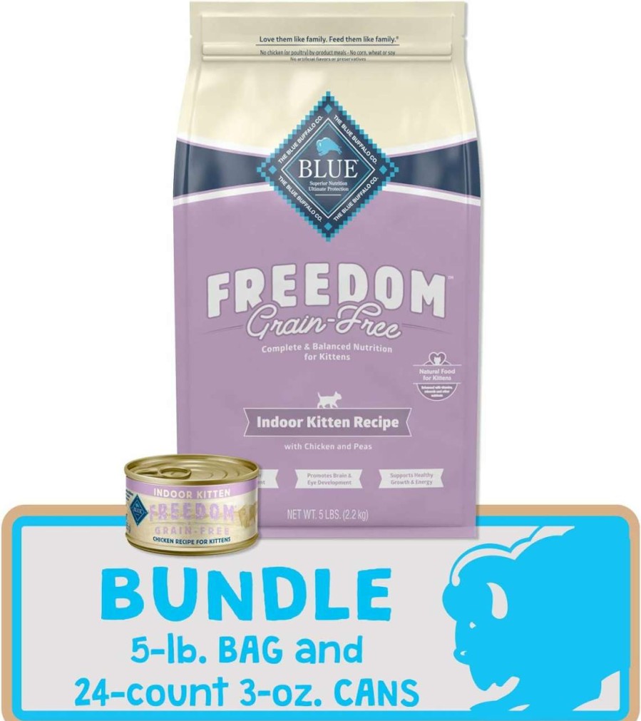 cat food Blue Buffalo | Blue Buffalo Freedom Natural Grain Free Cat Food Indoor Kitten Food Bundle - Dry Cat Food And Wet Cat Food, Chicken (5-Lb Dry Food + 3Oz Cans 24Ct)