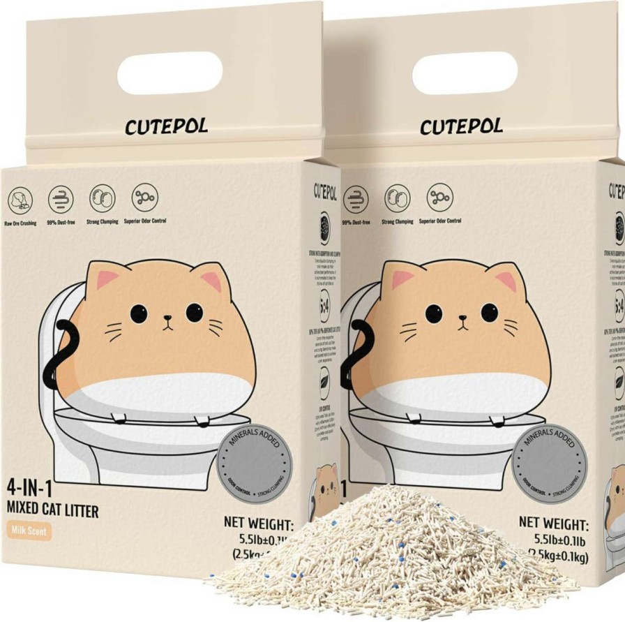 cat litter CUTEPOL | Cutepol 4-In-1 Mixed Tofu Cat Litter With Bentonite, Odor Control And Rapid Clumping, Dust-Free And Low Tracking, Max Water Absorbent And Fast Drying, Water Flushable, Jasmine Scent, 11Lb(5.5Lb/Pack)