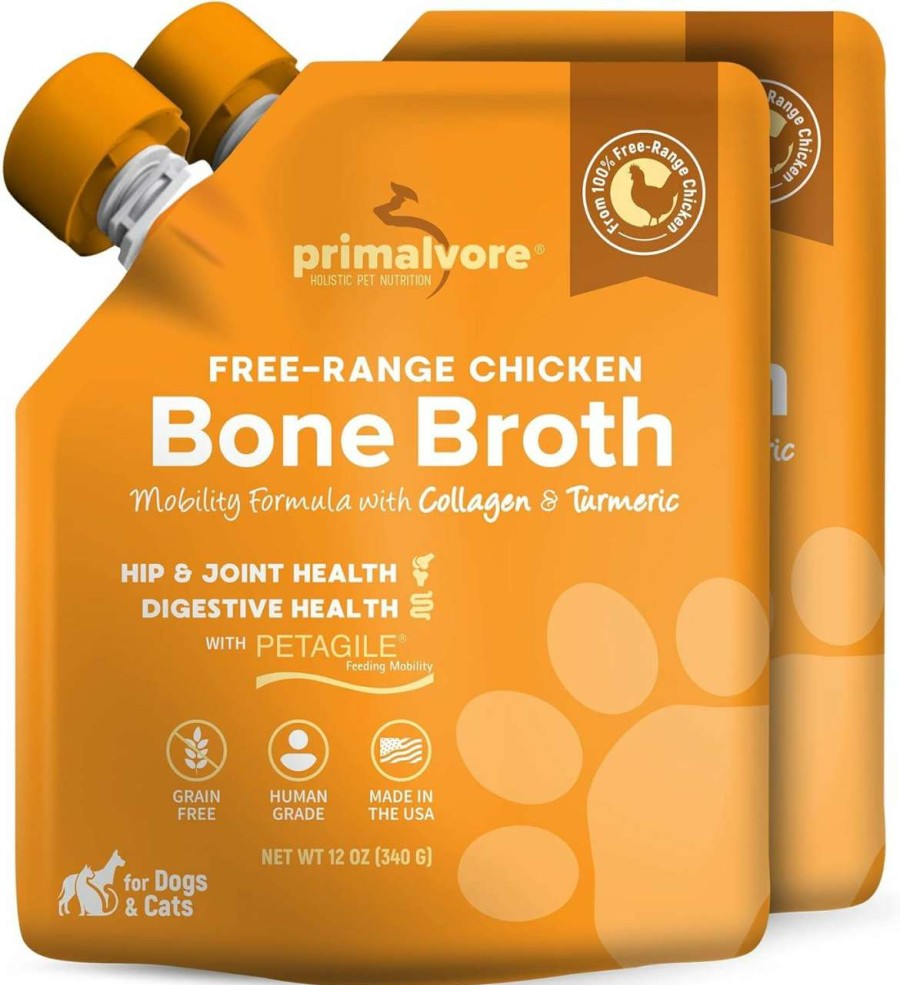 cat food wet Primalvore | Primalvore Free-Range Bone Broth For Dogs &Cats, Mobility Formula W/Collagen Peptides To Help Support Hip & Joints, Digestion, Skin & Coat And Hydration, Human Grade, Made In Usa. Chicken 2 Pack