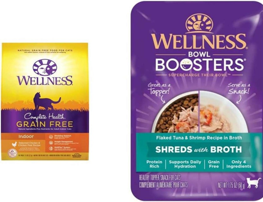 cat food Wellness | Bundle Of Wellness Complete Health Grain-Free Indoor Deboned Chicken Recipe Dry Cat Food, 11.5 Pound Bag + Wellness Bowl Boosters Wet Cat Topper, Flaked Tuna & Shrimp In Broth, 1.75 Ounce (Pack Of 12)