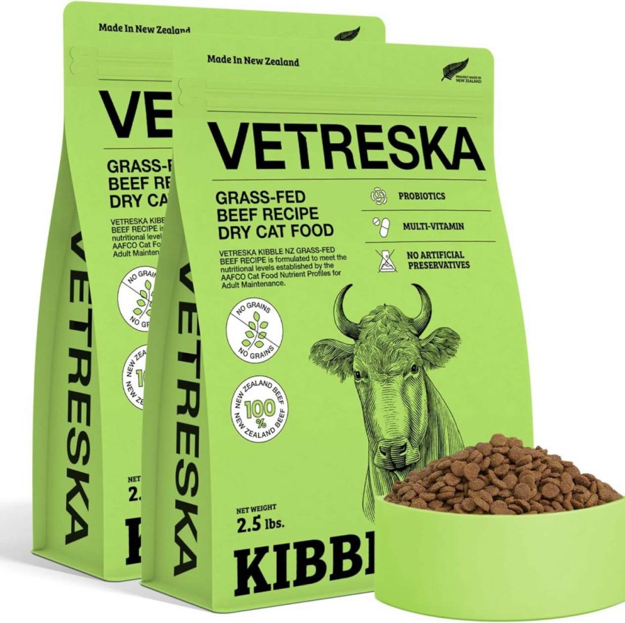 cat food VETRESKA | Vetreska New Zealand Grass-Fed Beef Recipe Dry Cat Food, Grain Free And High Protein Cat Food For Adult Cats, 2.5 Lbs. Bag