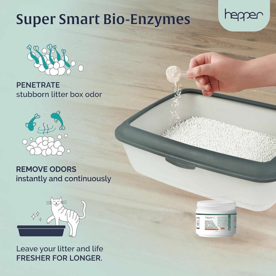 cat litter Hepper | Hepper Advanced Bio-Enzyme Cat Litter Deodorizer Powder - Cat Litter Box Deodorizer And Odor Neutralizer - Takes The Smell Of Urine Away - Safe Cat Essentials For The Home, Carpets, Kitty Litter Etc.