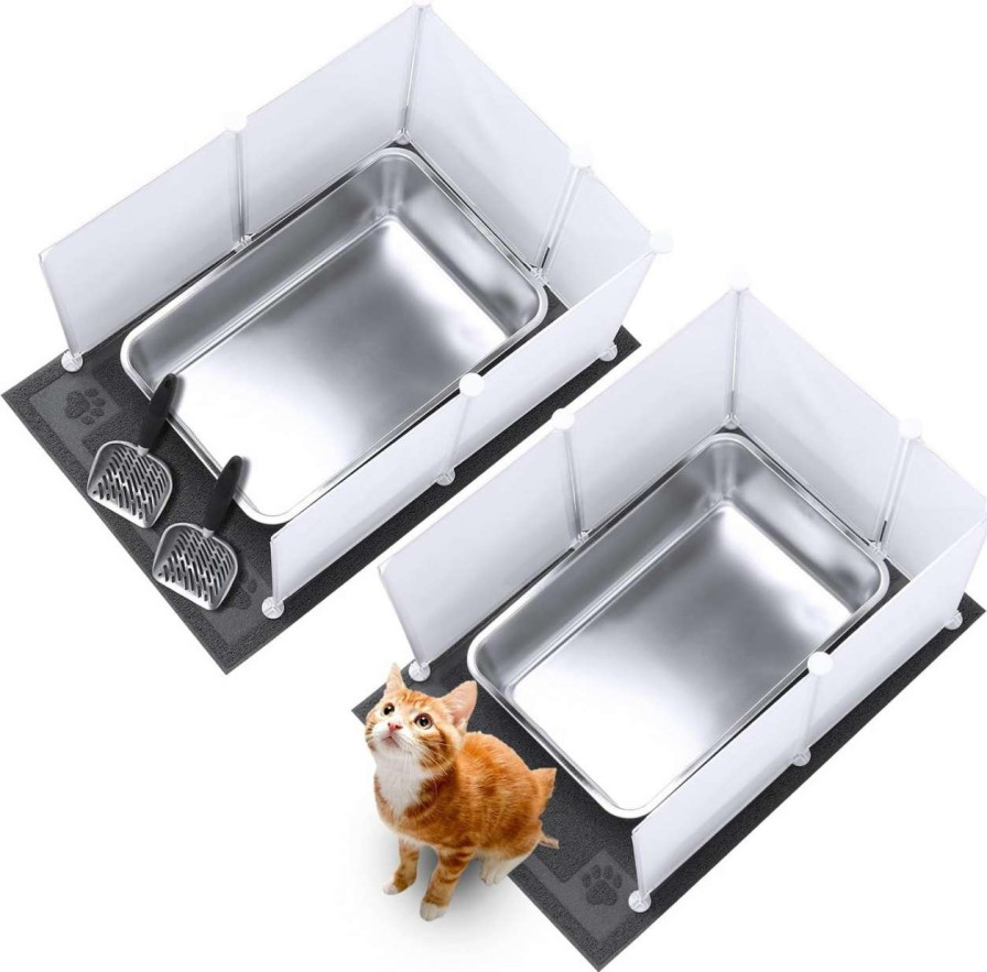 cat litter Pinkunn | Pinkunn 2 Set Stainless Steel Cats Litter Box Large Metal Litter Box With 2 Cat Litter Scoop, 12 Litter Splash Shield And 2 Cat Litter Mat, Never Absorbs Odor, Easy Clean (23.6 X 15.7 X 7.9 Inch)