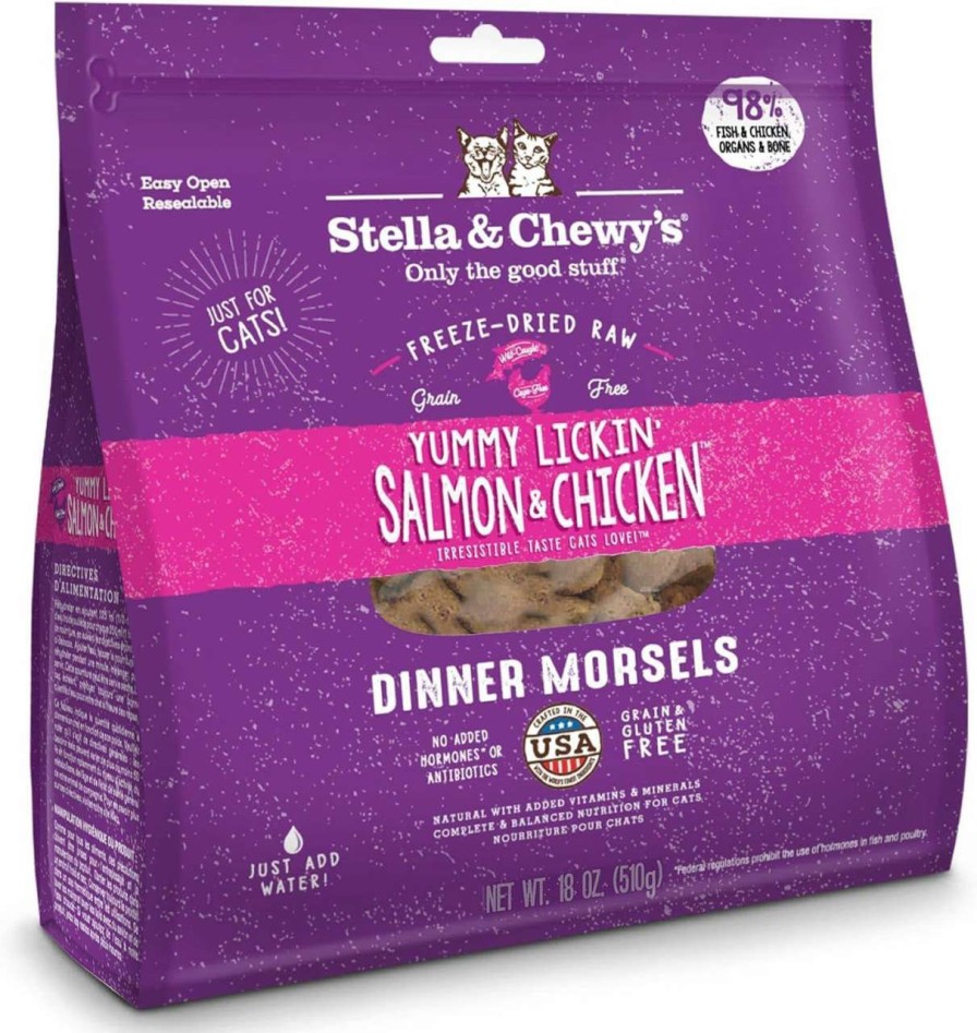 cat food Stella & Chewy's | Stella & Chewy'S Freeze-Dried Raw Cat Dinner Morsels Grain Free, Protein Rich Cat & Kitten Food Yummy Lickin' Salmon & Chicken Recipe 18 Oz Bag