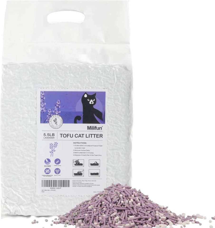 cat litter MILIFUN | Tofu Cat Litter, Dust-Free Kitty Litter, Fast Drying, Ultra Absorbent Clumping Cat Litter Pellets, Lavender Cat Tofu Litter Odor Control, Less Scattering, Pretty Dust-Free Mixed Tofu Cat Litter.