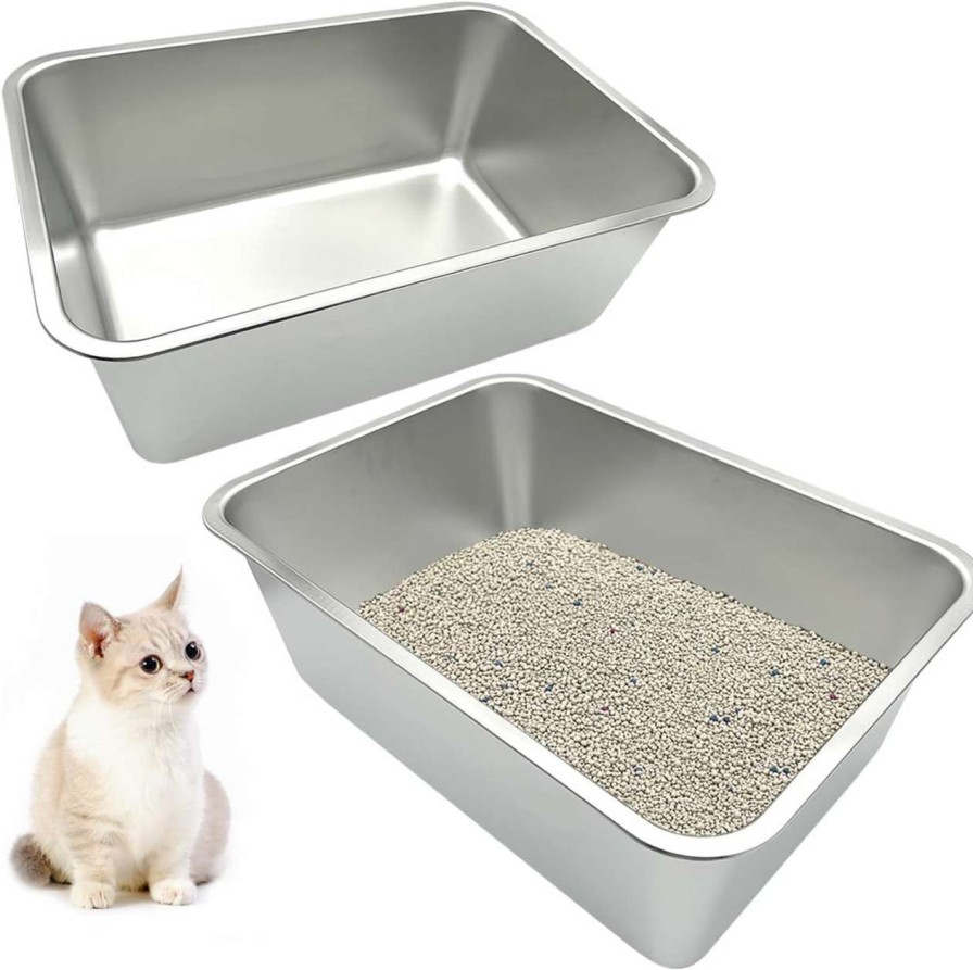 cat litter Apatal | Apatal 2Pcs Stainless Steel Cat Litter Box, Metal Kitty Open Litter Pan Potty High Side Cat Toilet With Non-Slip Rubber Mat Smooth Surface Easy To Clean For Kitten Rabbits Bunny