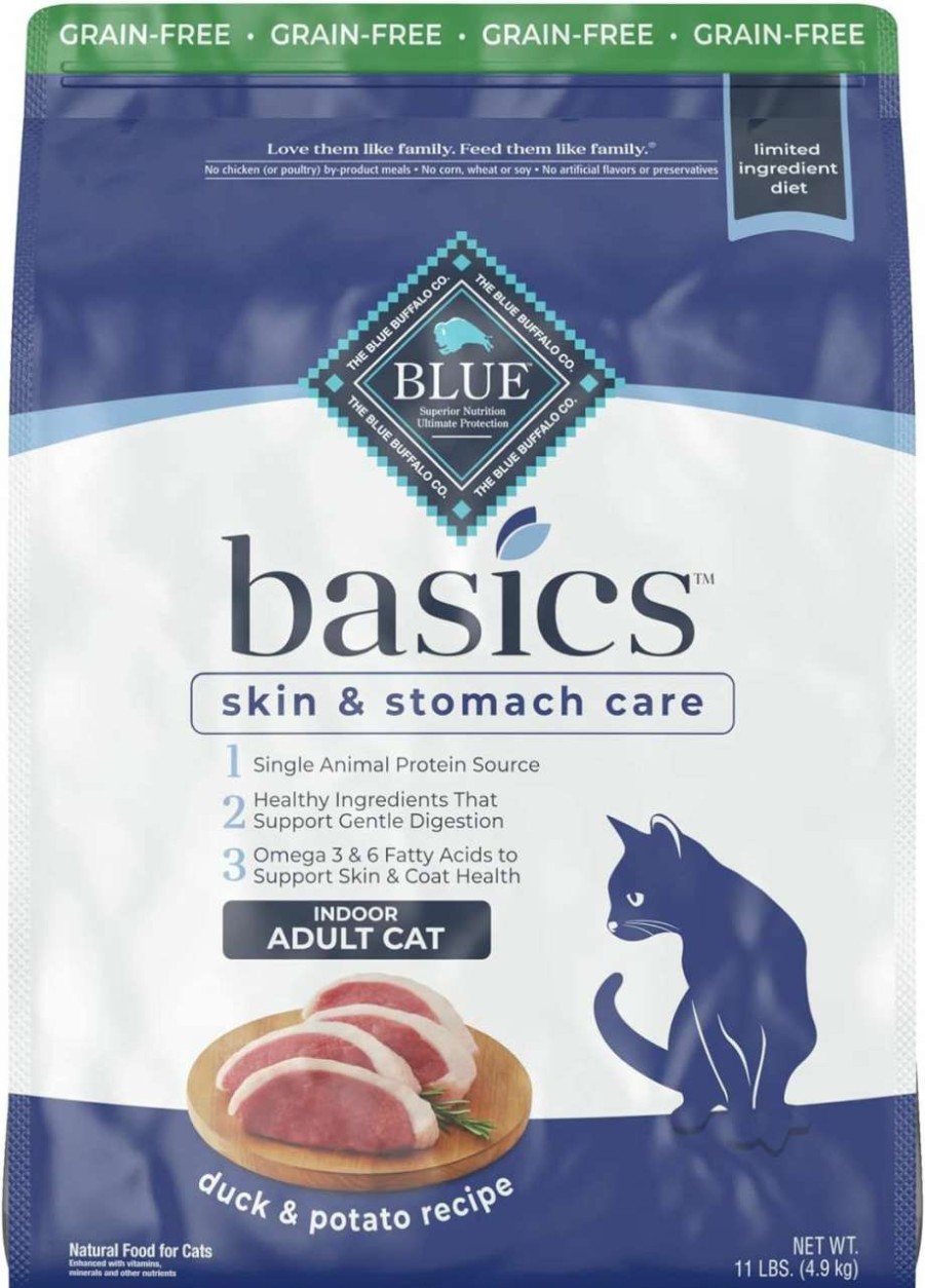 cat food dry Blue Buffalo | Blue Buffalo Basics Skin & Stomach Care Grain Free, Natural Indoor Adult Dry Cat Food, Duck & Potato 11-Lb