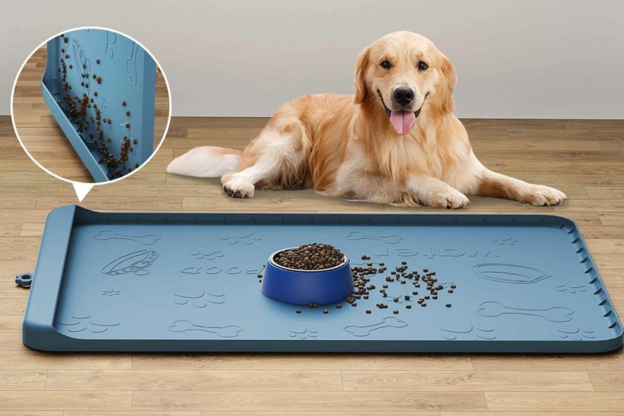 cat food Carry360 | Dog Food Mat - Silicone Dog Mat For Food And Water - 28\" X 20\" Pet Feeding Mats With Residue Collection Pocket - Waterproof Dog Cat Bowl Mat With High Edges To Prevent Water Food Spills (Gray)