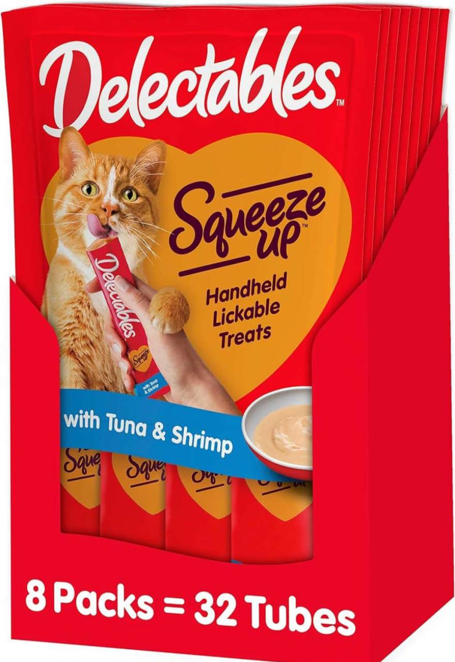 cat food Hartz | Hartz Delectables Squeeze Up Interactive Lickable Wet Cat Treats For Adult & Senior Cats, Tuna & Shrimp, 32 Count (Packaging May Vary)