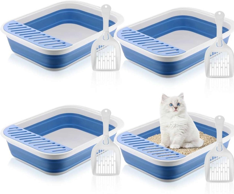 cat litter Ziliny | Ziliny 4 Pcs Foldable Small Cat Litter Box For Kittens Open Cat Potty Pan With Scoop Travel Portable Cat Toilet Low Entry Litter Box For Senior Cats Kitten Litter Box Training 17.7 X 13.4 X 4.9 Inch