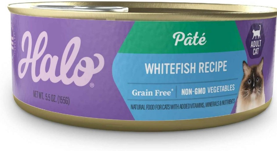 cat food Halo | Halo Adult Grain Free Wet Cat Food Pate, Whitefish Recipe, Healthy Cat Food With Real, Whole Whitefish, 5.5 Oz Can (Pack Of 12)