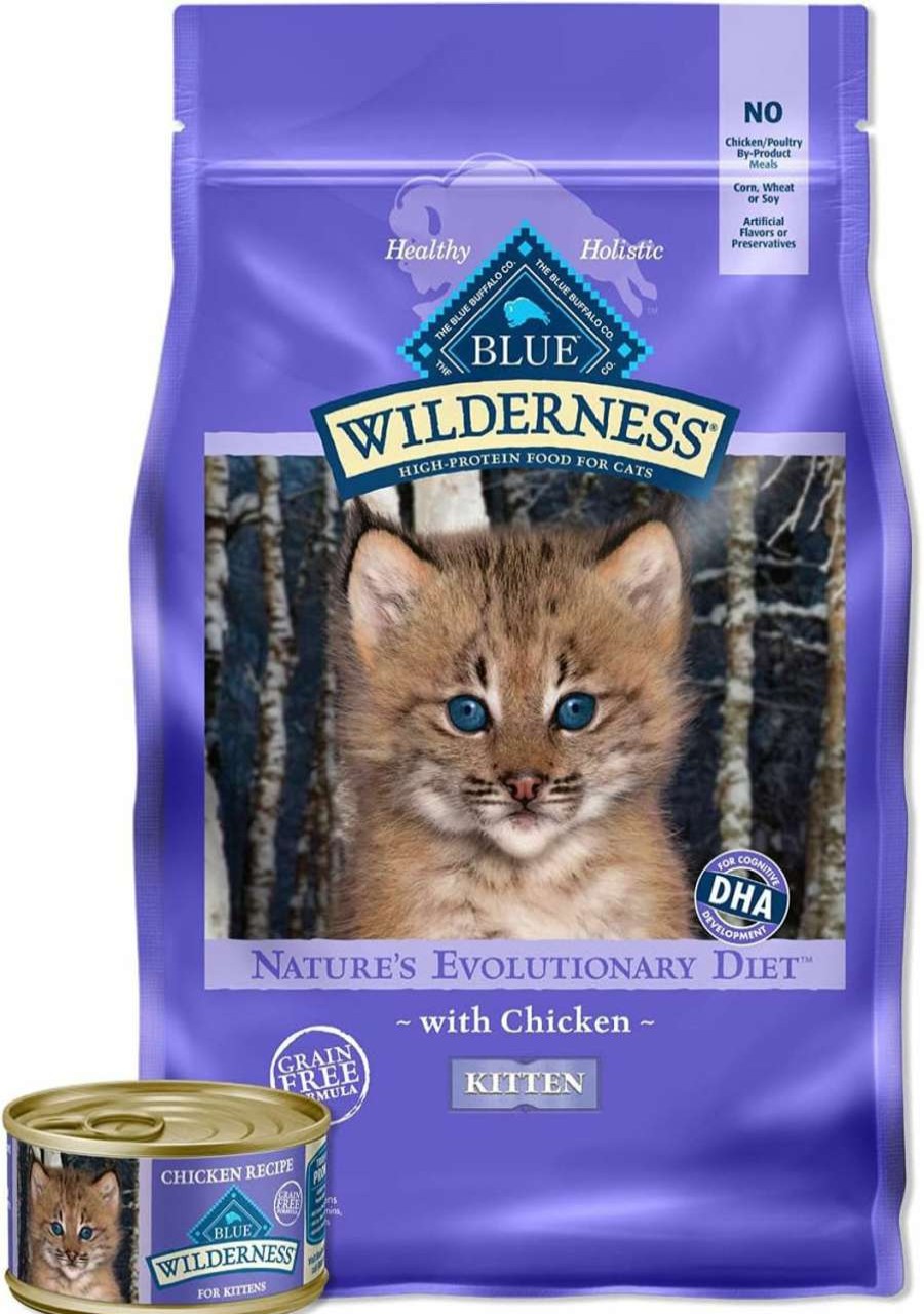 cat food dry Blue Buffalo | Blue Buffalo Wilderness High Protein, Natural Grain Free Kitten Food Bundle, Dry Cat Food And Wet Cat Food, Chicken (5-Lb Dry Food + 3Oz Cans 24Ct)