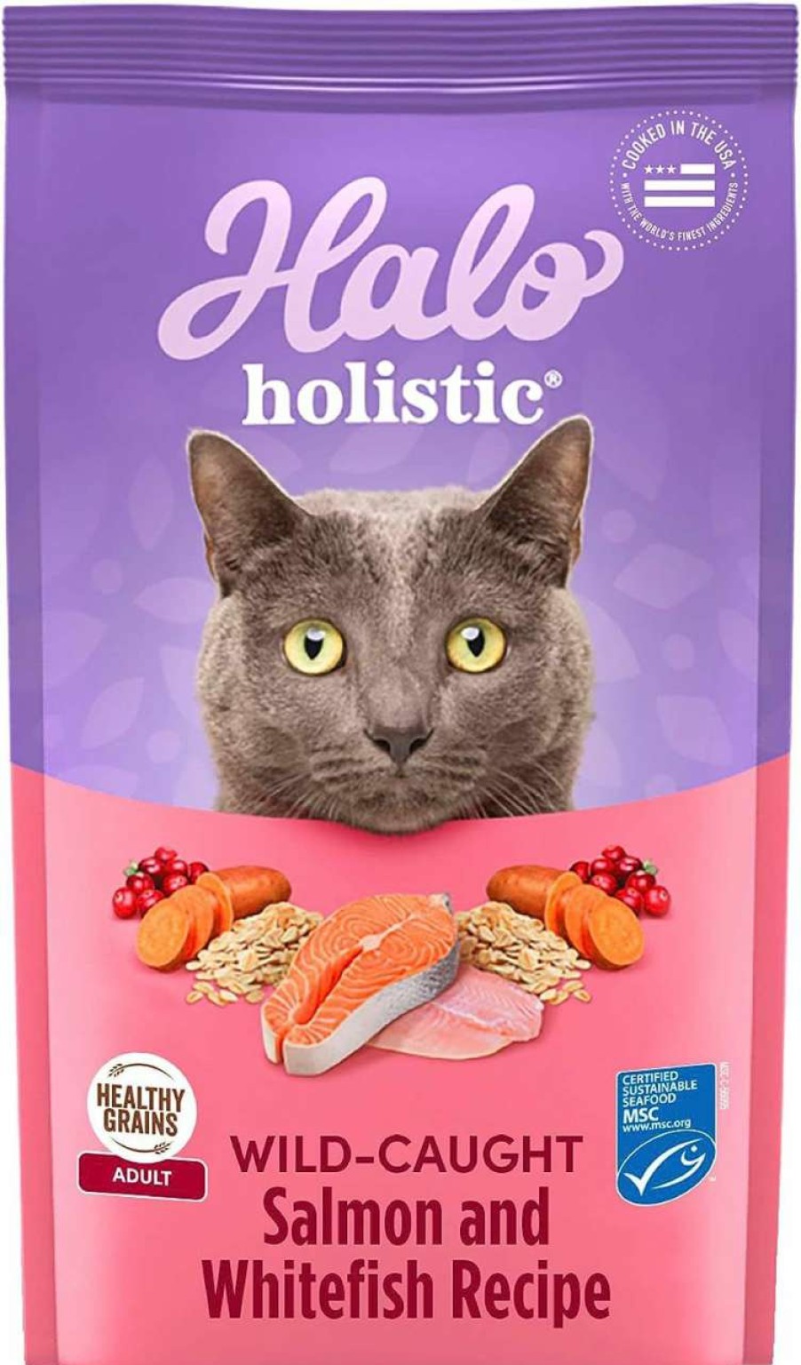 cat food Halo | Halo Holistic Cat Food Dry, Wild-Caught Salmon And Whitefish Recipe, Complete Digestive Health, Dry Cat Food Bag, Adult Formula, 6-Lb Bag