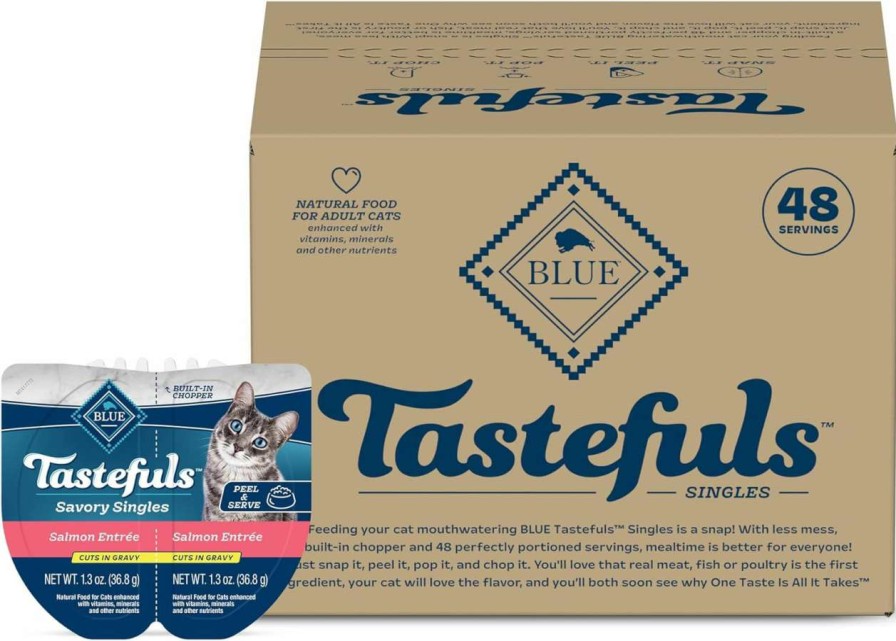 cat food Blue Buffalo | Blue Buffalo Tastefuls Savory Singles Adult Cuts In Gravy Wet Cat Food, Salmon Entree, Perfectly Portioned Cups In (24) 2.6-Oz Twin-Pack Trays