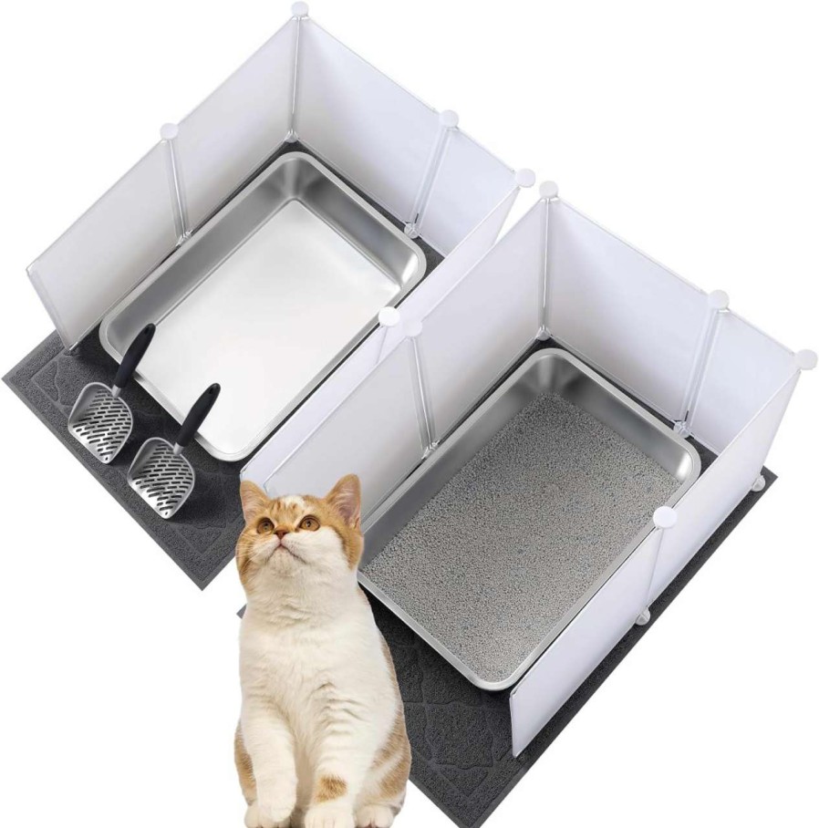 cat litter Tioncy | Tioncy 2 Set Stainless Steel Cats Litter Box Extra Large Metal Litter Box With 2 Cat Litter Scoop, 12 Litter Splash Guard And 2 Cat Litter Mat, Never Absorbs Odor, Easy Clean, 23.6 X 15.7 X 5.9 Inches