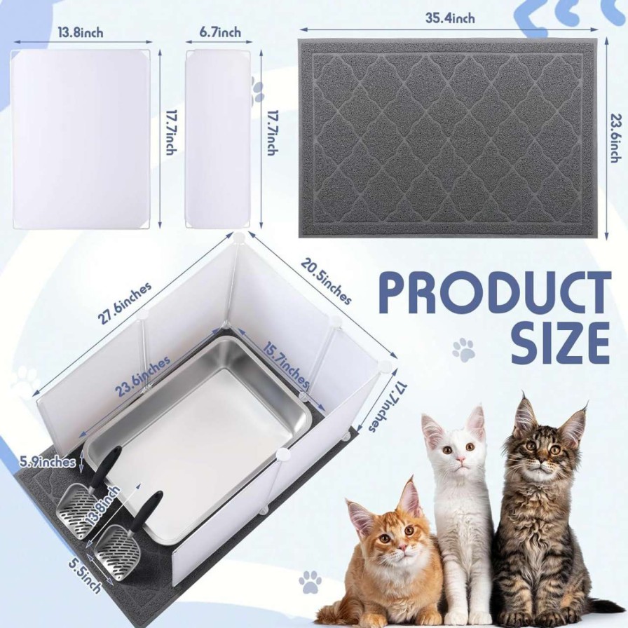 cat litter Tioncy | Tioncy 2 Set Stainless Steel Cats Litter Box Extra Large Metal Litter Box With 2 Cat Litter Scoop, 12 Litter Splash Guard And 2 Cat Litter Mat, Never Absorbs Odor, Easy Clean, 23.6 X 15.7 X 5.9 Inches